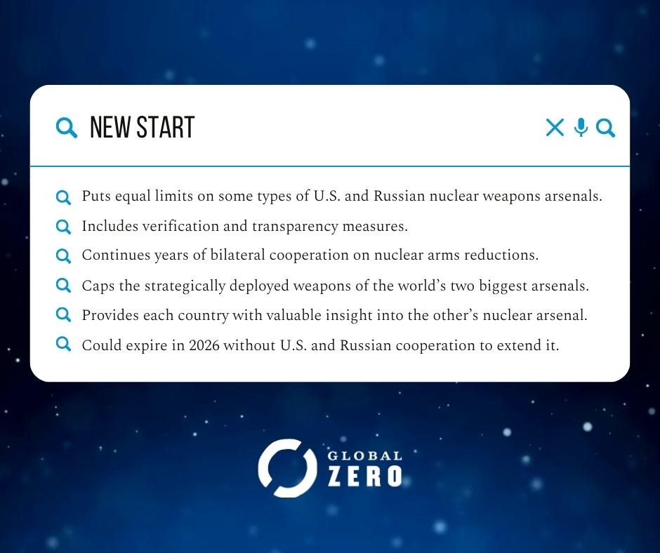 A graphic shows a search bar that says "New Start" and below it is a list of reasons to support the treaty. This is on a background of blue stars with the Global Zero logo.